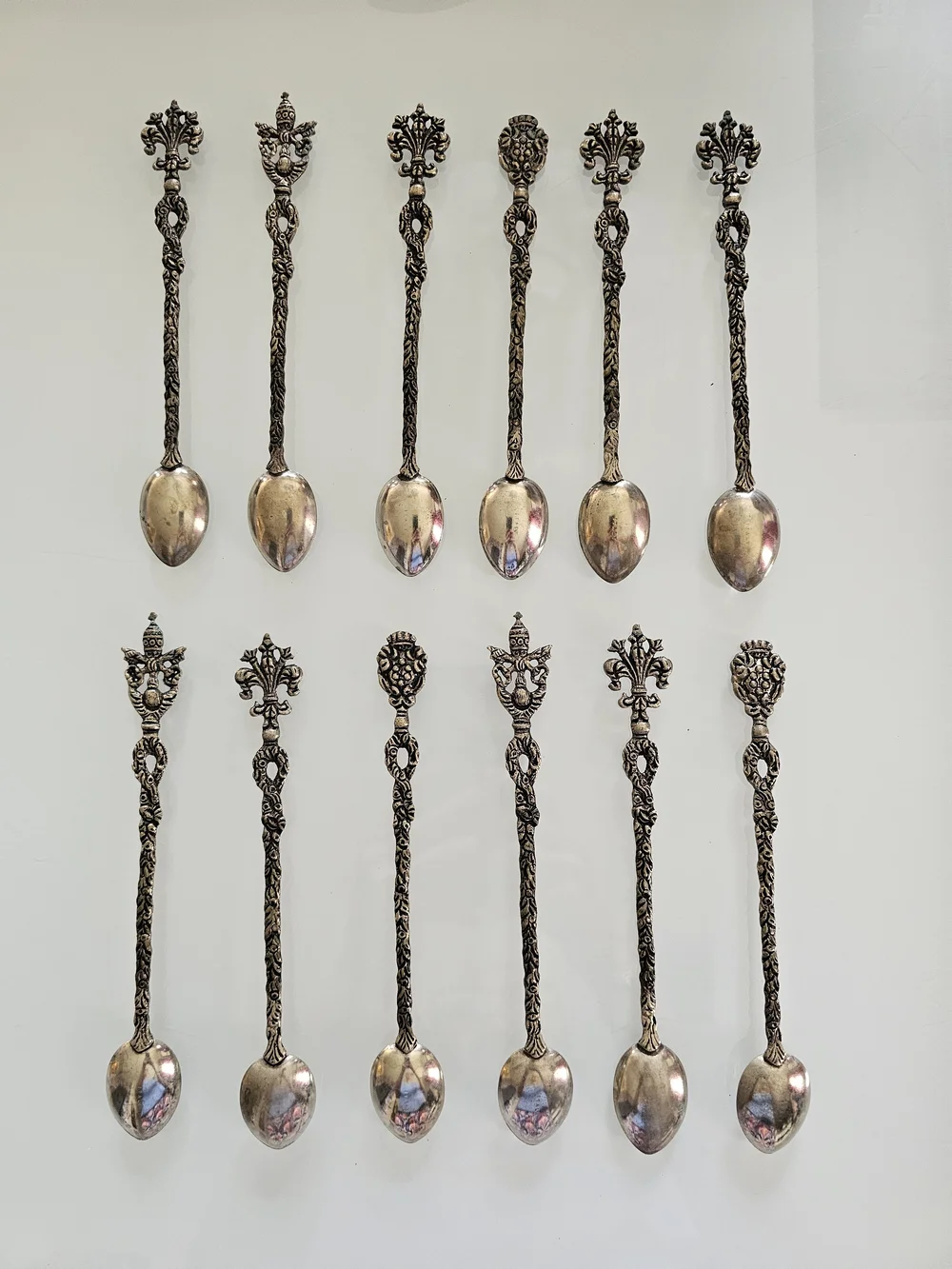 Antique Burdines Set of 12 Ornate Silver Plated Teaspoons, Made in Italy